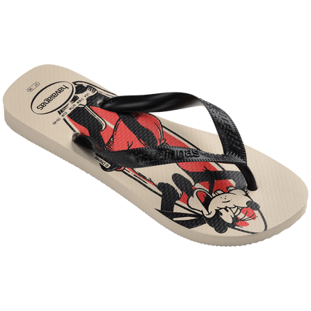 Flip flops with mickey mouse and goofy in red, beige, and black with surf boards with a wave behind them, with black straps, front left view
