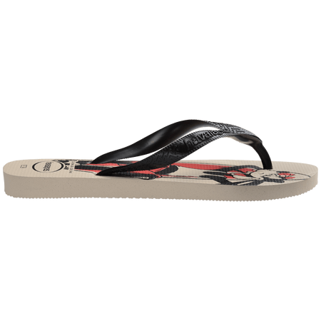 Flip flops with mickey mouse and goofy in red, beige, and black with surf boards with a wave behind them, with black straps, side view