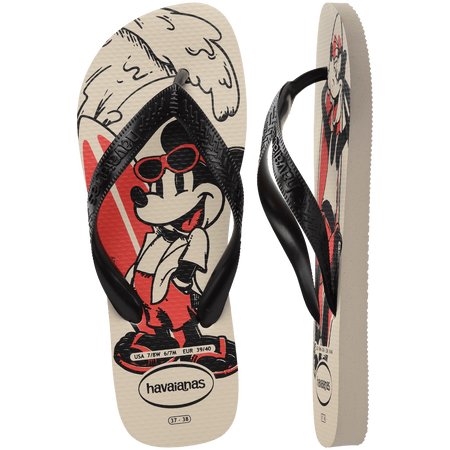 Flip flops with mickey mouse and goofy in red, beige, and black with surf boards with a wave behind them, with black straps, one sandal top view one sandal side view