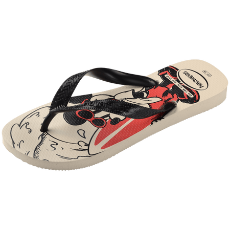 Flip flops with mickey mouse and goofy in red, beige, and black with surf boards with a wave behind them, with black straps, front left view