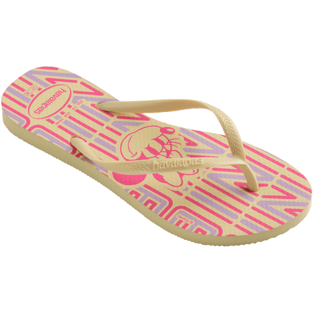 Minnie Mouse flip flops on a yellow, purple, and pink background with yellow straps, front right view