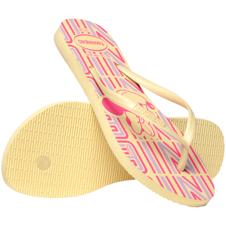 Minnie Mouse flip flops on a yellow, purple, and pink background with yellow straps, one sandal leaning on the other toe side down