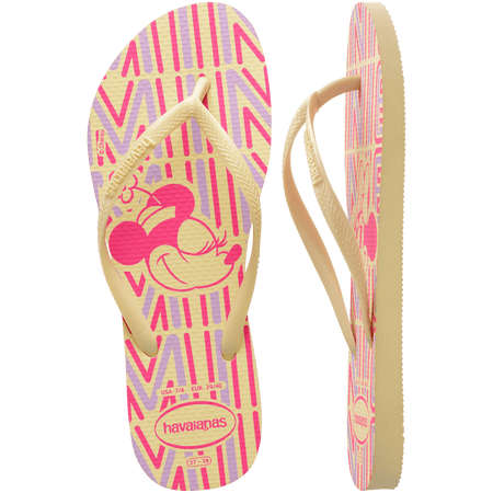 Minnie Mouse flip flops on a yellow, purple, and pink background with yellow straps, one sandal top view one sandal side view