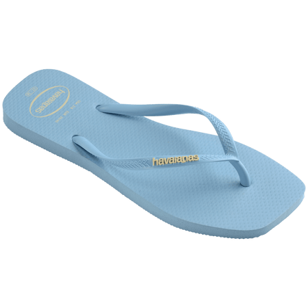 light blue womens flip flops with square toe and light blue straps with the yellow havaianas logo, right facing angle