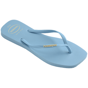 light blue womens flip flops with square toe and light blue straps with the yellow havaianas logo, right facing angle