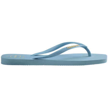 light blue womens flip flops with square toe and light blue straps with the yellow havaianas logo, side view
