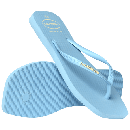 light blue womens flip flops with square toe and light blue straps with the yellow havaianas logo, one sandal leaning on the other sandal, toe side down