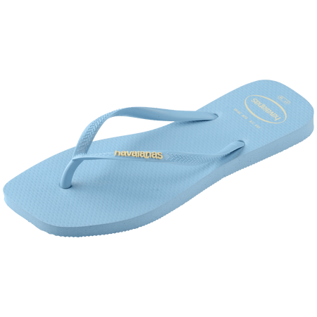 light blue womens flip flops with square toe and light blue straps with the yellow havaianas logo, left-facing angle