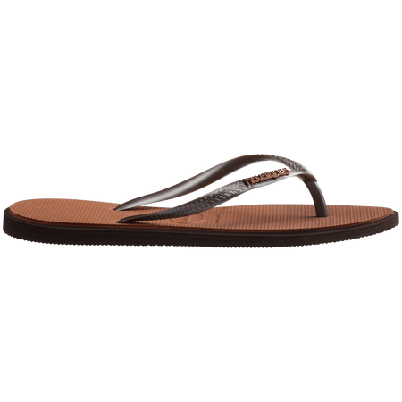 brown sandals with a dark brown outline around the footbed and metallic brown straps with a metal brown havaianas logo, side view