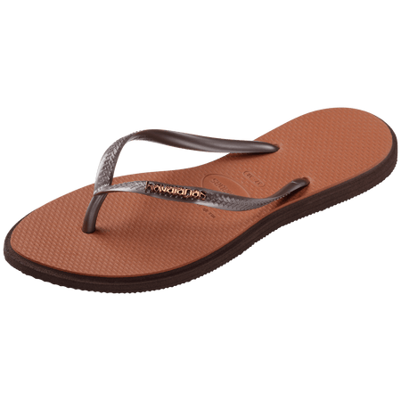 brown sandals with a dark brown outline around the footbed and metallic brown straps with a metal brown havaianas logo, front left view