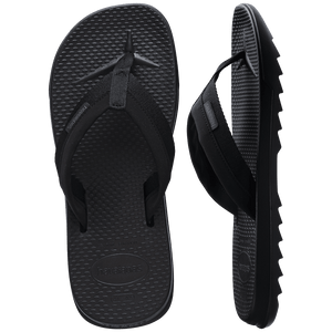 black flip flops with toe grooves and black fabric straps with a grooved sole, one top view one side view