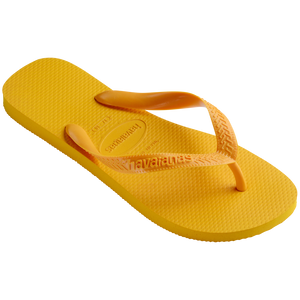 single, right side, yellow Havaianas flip flop with a top thicker strap on a transparent background