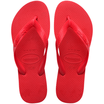 Women's red flip flops top view