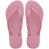 Pair of pink flip flops with Havaianas branding on a white background