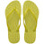 Pair of lime green flip flops with Havaianas branding on a white background