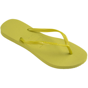 Single, right, lime green flip flop with Havaianas branding on a white background