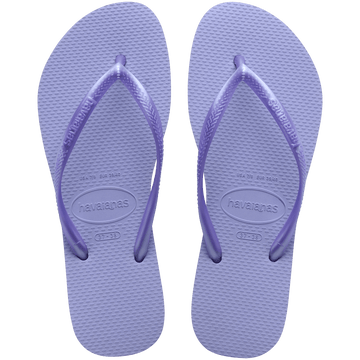 Women's light purple flip flops with metallic purple straps, top view