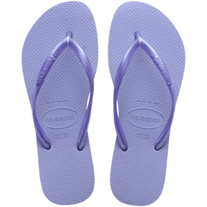 Women's light purple flip flops with metallic purple straps, top view