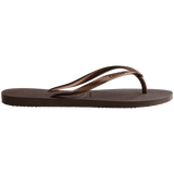 Women's brown flip flops with metallic brown straps side view