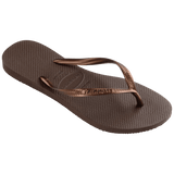 Women's brown flip flops with metallic brown straps 3/4 side view