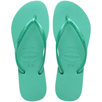 Women's foam green flip flop with metallic green straps top view