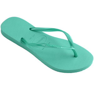 Women's foam green flip flop with metallic green straps 3/4 side view