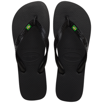Men's black flip flop with black straps and Brazil flag detail top view