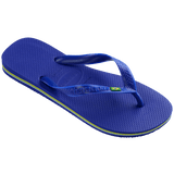 Men's cobalt blue flip flop with Brazil flag detail on the straps, 3/4 side view