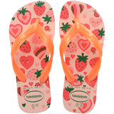 Pair of pink and orange Havaianas flip flops on a white background