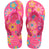 Pair of pink Havaianas flip flops with floral design on a white background