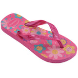 Single, right pink Havaianas flip flop with floral design on a white background