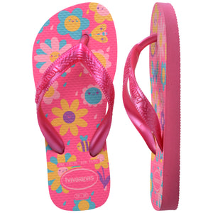 Pair of pink Havaianas flip flops with floral design on a white background, with left shoe in focus