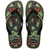 Flip flops with printed footbed featuring a frog and nature themes, black straps with "havaianas" logo in white, top view