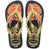 Flip flops with printed footbed featuring a bird and nature themes, beige straps with "havaianas" logo in red, top view