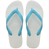 Pair of white flip flops with blue straps on a transparent background