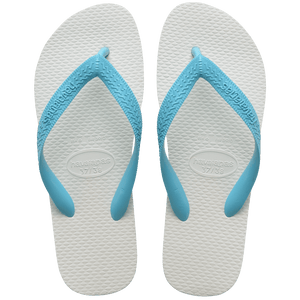 Pair of white flip flops with blue straps on a transparent background