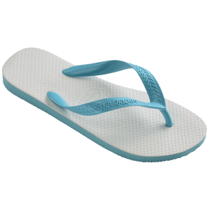 Single, right, white flip flop with blue straps on a transparent background