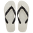 Pair of white flip flops with black straps on a transparent background