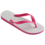 Single, right, white flip flop with pink straps on a transparent background