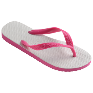 Single, right, white flip flop with pink straps on a transparent background