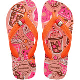 Pair of pink and orange Havaianas flip flops with prints throughout, on a white background