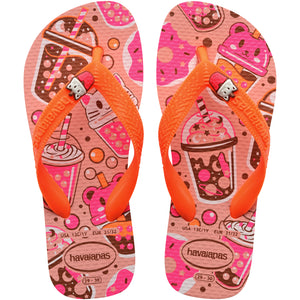 Pair of pink and orange Havaianas flip flops with prints throughout, on a white background