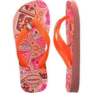 Pair of pink and orange Havaianas flip flops with prints throughout, on a white background, with left shoe in focus