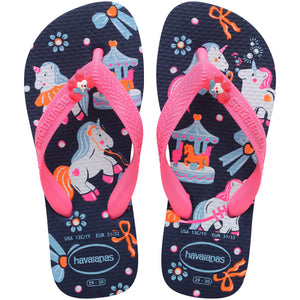 Pair of blue Havaianas flip flops with pink straps on a white background