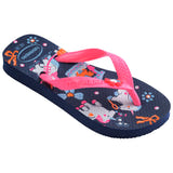 Single, right blue Havaianas flip flop with pink straps on a white background