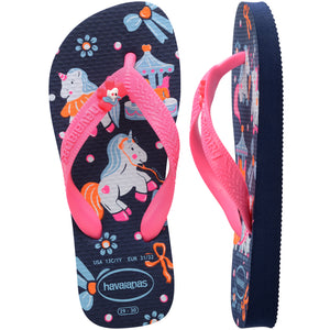 Pair of blue Havaianas flip flops with pink straps on a white background, left shoe in focus
