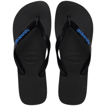 Black Havaianas flip flops with blue logo on the straps on a transparent background