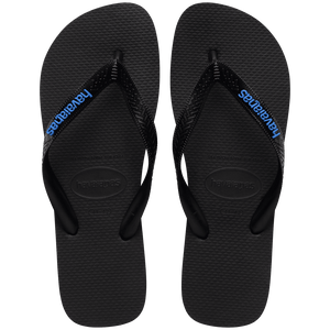 Black Havaianas flip flops with blue logo on the straps on a transparent background
