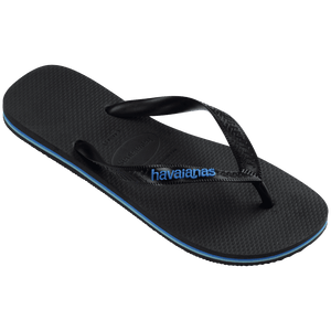 Single, black Havaianas flip flop with blue logo on the straps on a transparent background