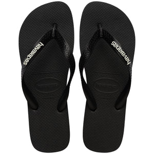Pair of black Havaianas flip flops on a white background